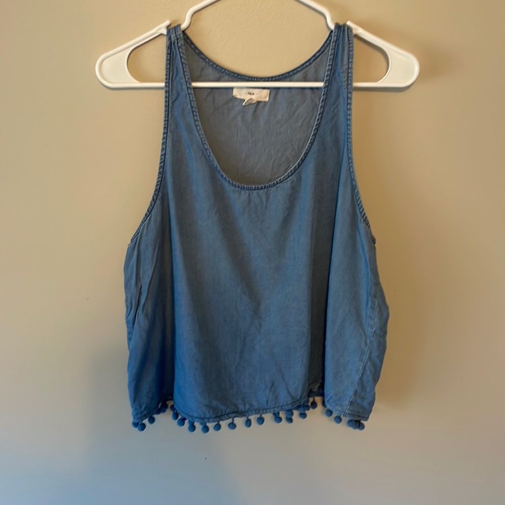 TGLA Denim Pom Pom Trim Cropped Tank Top (Size L)